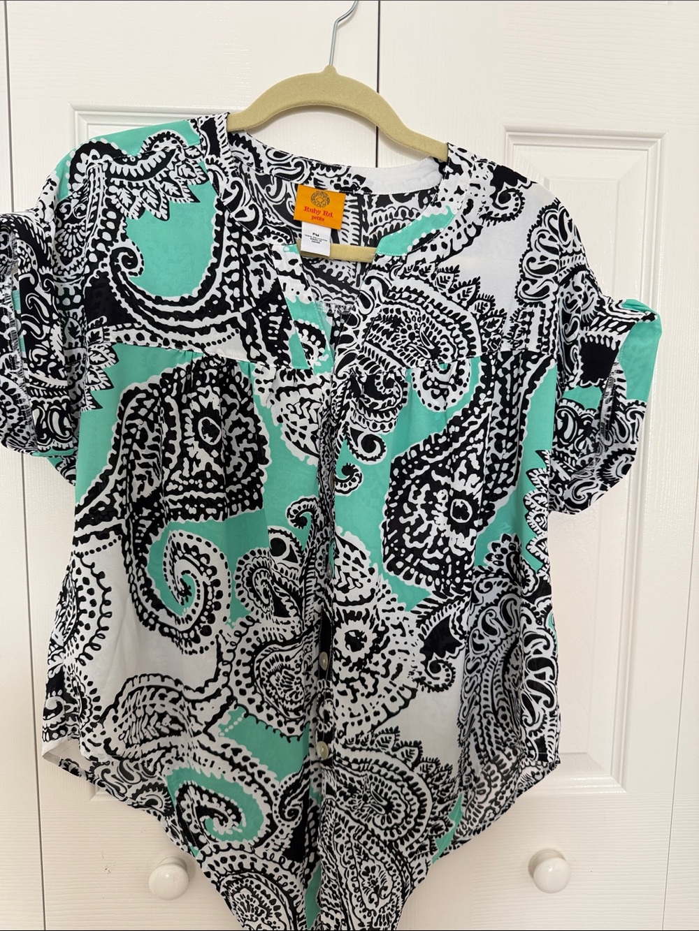Ruby Rd. Mint Green and Black Paisley Button-Front Blouse